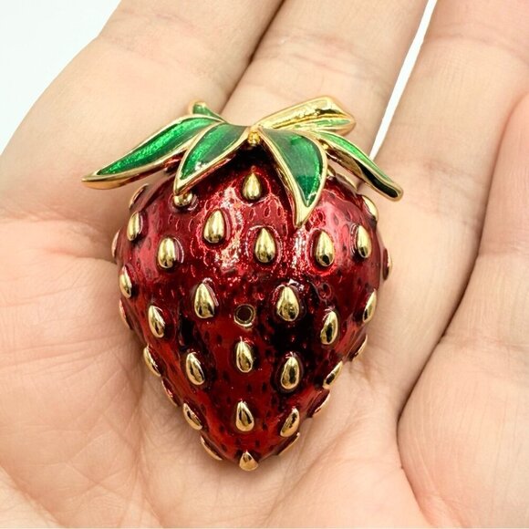 Vintage Five Red Gold Tone Enamel Strawberry Jelly Cherry Heart Brooches Lot - Picture 5 of 12